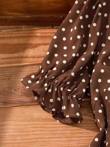 EMERY ROSE 大码女式春季休闲度假棕色波点荷叶边泡泡袖连衣裙 - 咖啡棕 - 查看 6