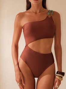Swim Chiccia Swim Chic Sea-D Women Solid Color One Shoulder Chain Strap Decor One-Piece Swimsuit - Coffee Brown - View 8