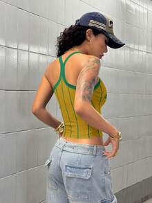 StreetHx Camiseta ajustada casual con estampado de letras y rayas para mujer - Amarillo - Ver 2