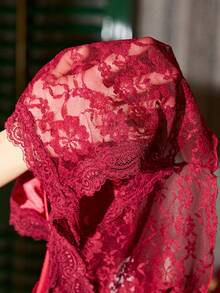 SHEIN Lace Trim Back Faux Silk Camisole And Shorts Women Pajama Set - Burgundy - View 8