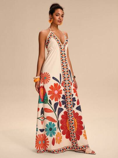 Breezaya Vestido casual de mujer con estampado floral, cuello en V profundo, cintura con lazo y corte evasé, vestido de vacaciones sin espalda para mujer