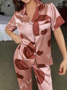 Dream Adore Heart & Letter Print Satin Pocket Short Sleeve Pajama Set For Women - Red - View 3