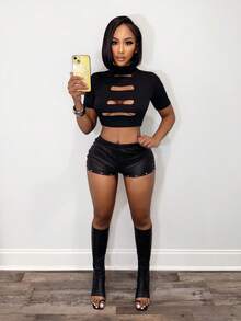 BamGleam 女士性感镂空露脐短袖T恤，V领做旧T恤 - 黑色 - 查看 1