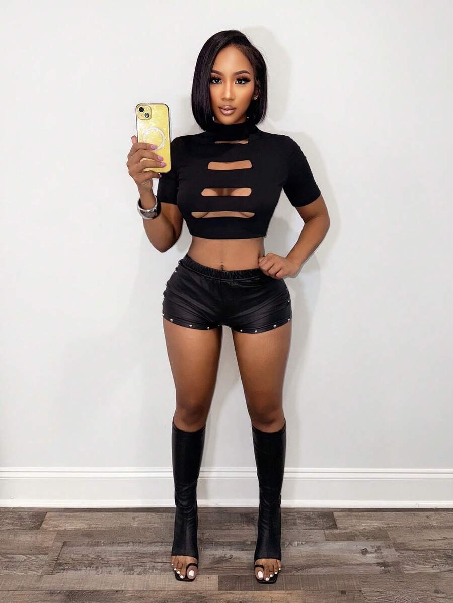 BamGleam 女士性感镂空露脐短袖T恤，V领做旧T恤 - 黑色 - 查看 1