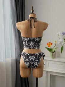 Bellisia Women's Tropical Floral Print Halter Tankini Swimsuit Set,Tank Top And Drawstring Bikini Bottoms,Beach Outfit, Vacation Bikini Set, Swimsuits For Woman 2 Piece - Black and White - View 2