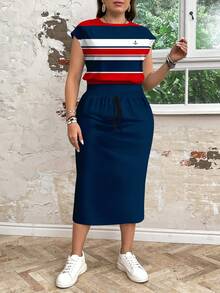 EMERY ROSE 春夏休闲度假风航海条纹印花上衣搭配蓝色半裙，简约大码女装两件套 - 彩色 - 查看 4