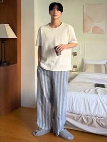 DAZY Pantalones de estar por casa con cintura elástica y rayas para hombre, primavera/verano - Azul - Ver 6