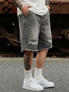 DAZY Distressed Washed Yellow-Grey Men's Denim Shorts, Summer - Dark Grey - View 4