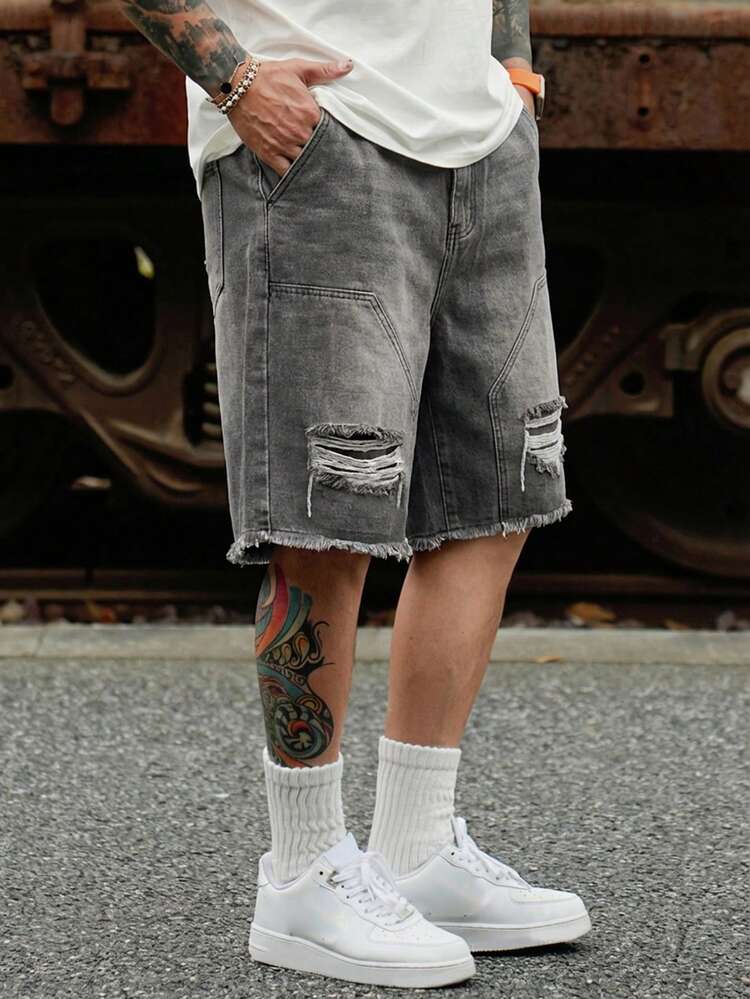 Distressed Washed Yellow-Grey Men's Denim Shorts, Summer