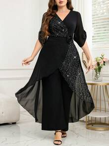 SHEIN Clasi 大码女式重叠V领翻边袖亮片拼接阔腿连体裤 - 黑色 - 查看 6