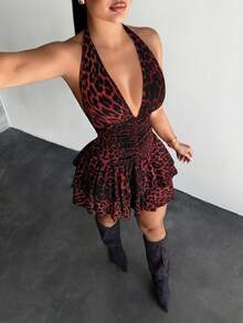 SHEIN SXY 豹纹荷叶边露背无袖连衣裙 - 紅色 - 查看 6