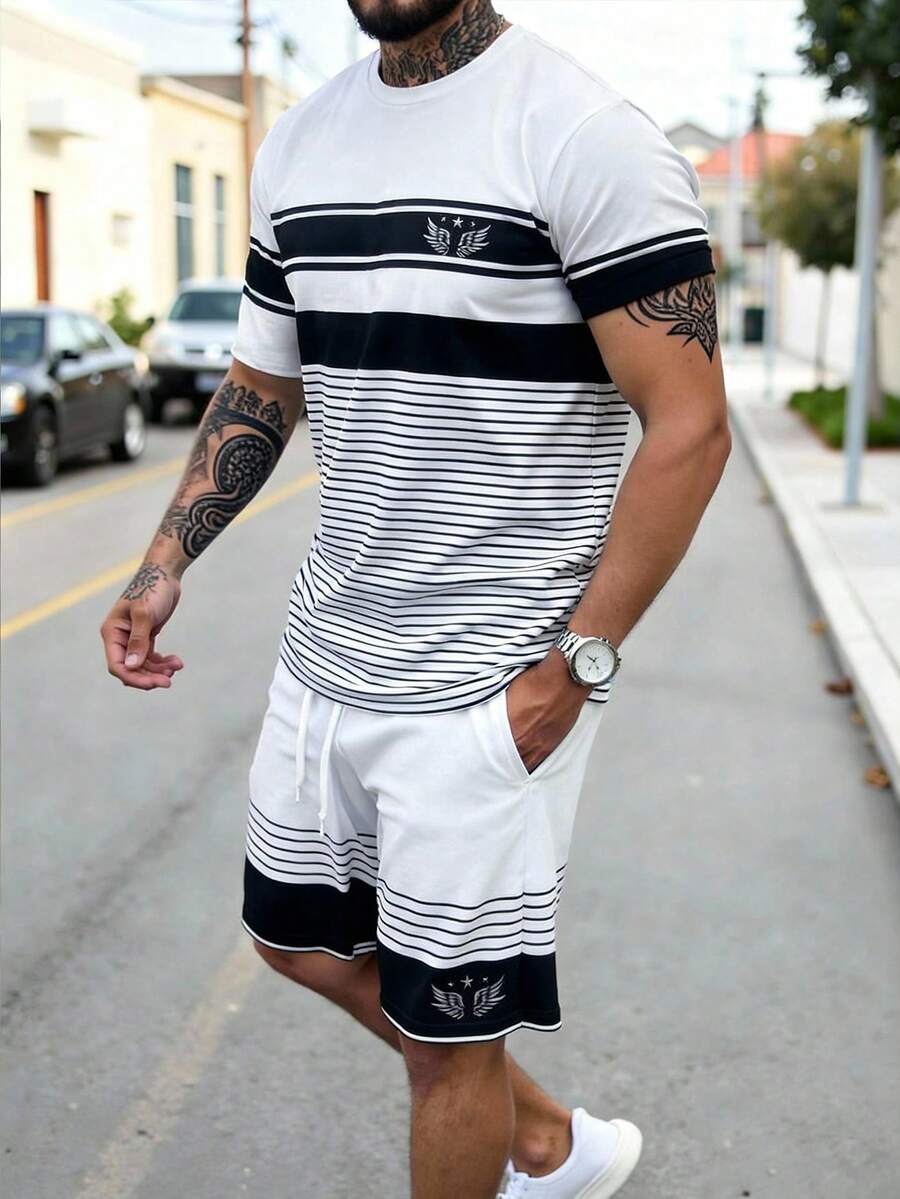 HIMLAND 男士优雅印花T恤套装，适合通勤