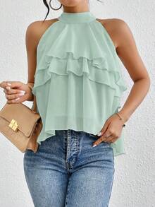 Firerie Loose Neck Ruffle Asymmetrical Chiffon Blouse - Green - View 4