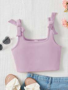 SHEIN Sweet Cute Square Neck Bow Knit Jacquard Camisole For Young Girls, Summer - Dusty Purple - View 4