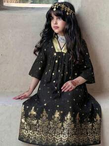 SHEIN Robe élégante de style arabe du Moyen-Orient avec motif métallique pour les jeunes filles - Noir - Voir 1