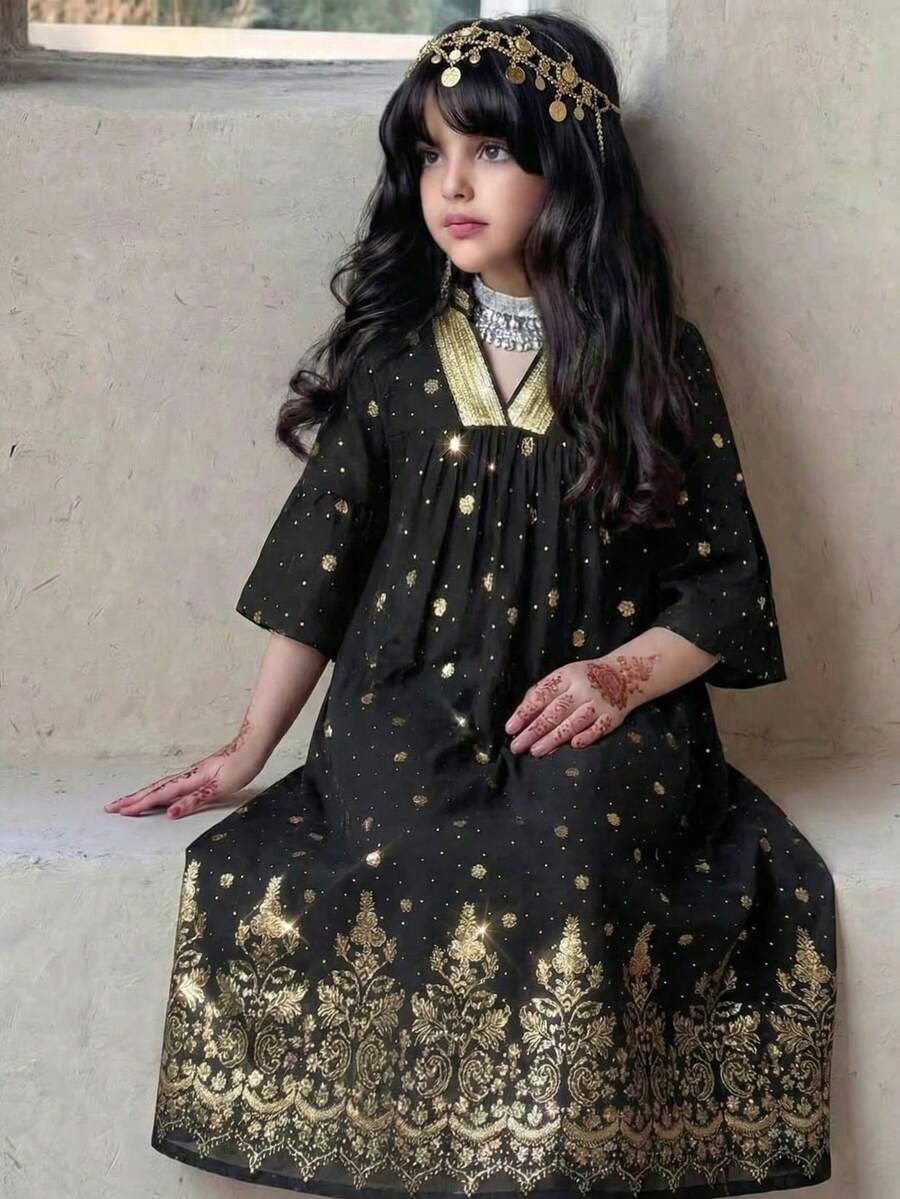 SHEIN Robe élégante de style arabe du Moyen-Orient avec motif métallique pour les jeunes filles - Noir - Voir 1