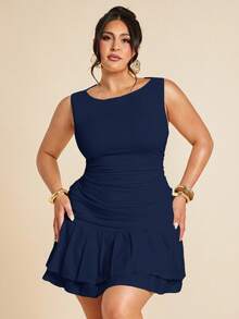 SHEIN BAE Đầm mini hai lớp xếp ly, không tay, màu trắng trơn, dáng ôm sát, dành cho nữ cỡ lớn, thích hợp cho mùa hè, thu/đông, màu xanh lá cây nhạt, đầm hè cho nữ. - Màu xanh hải quân - Xem 3