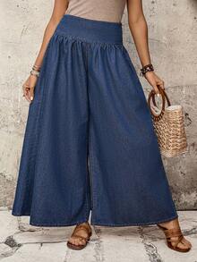 EMERY ROSE 女士休闲日常褶皱宽松阔腿牛仔裤，夏季 - 藍色 - 查看 5