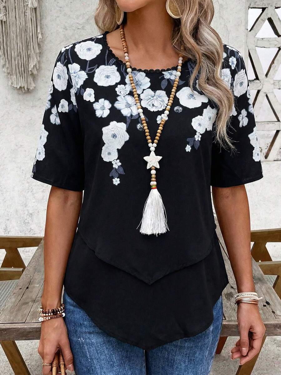 EMERY ROSE 女士印花短袖衬衫，休闲夏季款 - 藏蓝色 - 查看 1