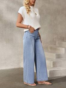 EMERY ROSE 女士休闲日常通勤百搭纽扣开襟宽松阔腿牛仔裤 - 藍色 - 查看 6