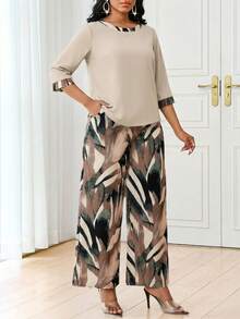 SHEIN Lady 大码撞色圆领休闲宽松七分袖百搭两件套阔腿裤套装上衣和裤子套装阔腿裤女士飘逸长裤女士端庄两件套女士端庄套装女士两件套优雅搭配女士休闲套装女士优雅时尚套装女士两件套 - 彩色 - 查看 5