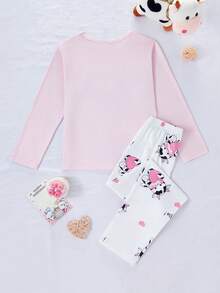 Genkimix Kids 2pcs/Set Girls Cute Pink Cow Print & Full Print White Pants Comfortable Casual Pajama Homewear Set, Autumn/Winter - Pink - View 2