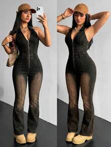SHEIN ICON Bộ jumpsuit denim không tay, hở lưng, ôm sát, có khóa kéo, thời trang dành cho nữ. - màu đen - Xem 1
