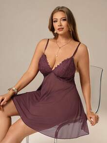 Auralis Bộ 2 món: Váy ngủ lưới ren tương phản cỡ lớn gợi cảm + Quần lót dây chữ G - Màu Tím - Xem 6