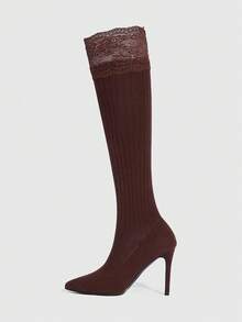 CUCCOO SZL Women's Contrast Lace Ribbed Elegant Pointed Toe Over-The-Knee High Heel Boots, Suitable For Daily Wear Valentine's Day - Chocolate Brown - View 6