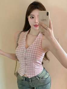 DAZY 情人节粉色格子 V 领露背派对和返校季女士背心 - 粉色 - 查看 5