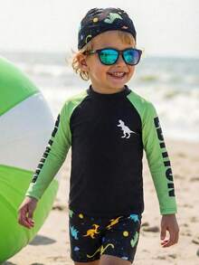 SHEIN Bộ 3 món đồ bơi họa tiết khủng long dễ thương cho bé trai tuổi teen, đi biển, vui chơi, nghỉ dưỡng, tắm suối nước nóng, thích hợp cho các mùa xuân, hạ, thu, đông - màu xanh lá - Xem 11