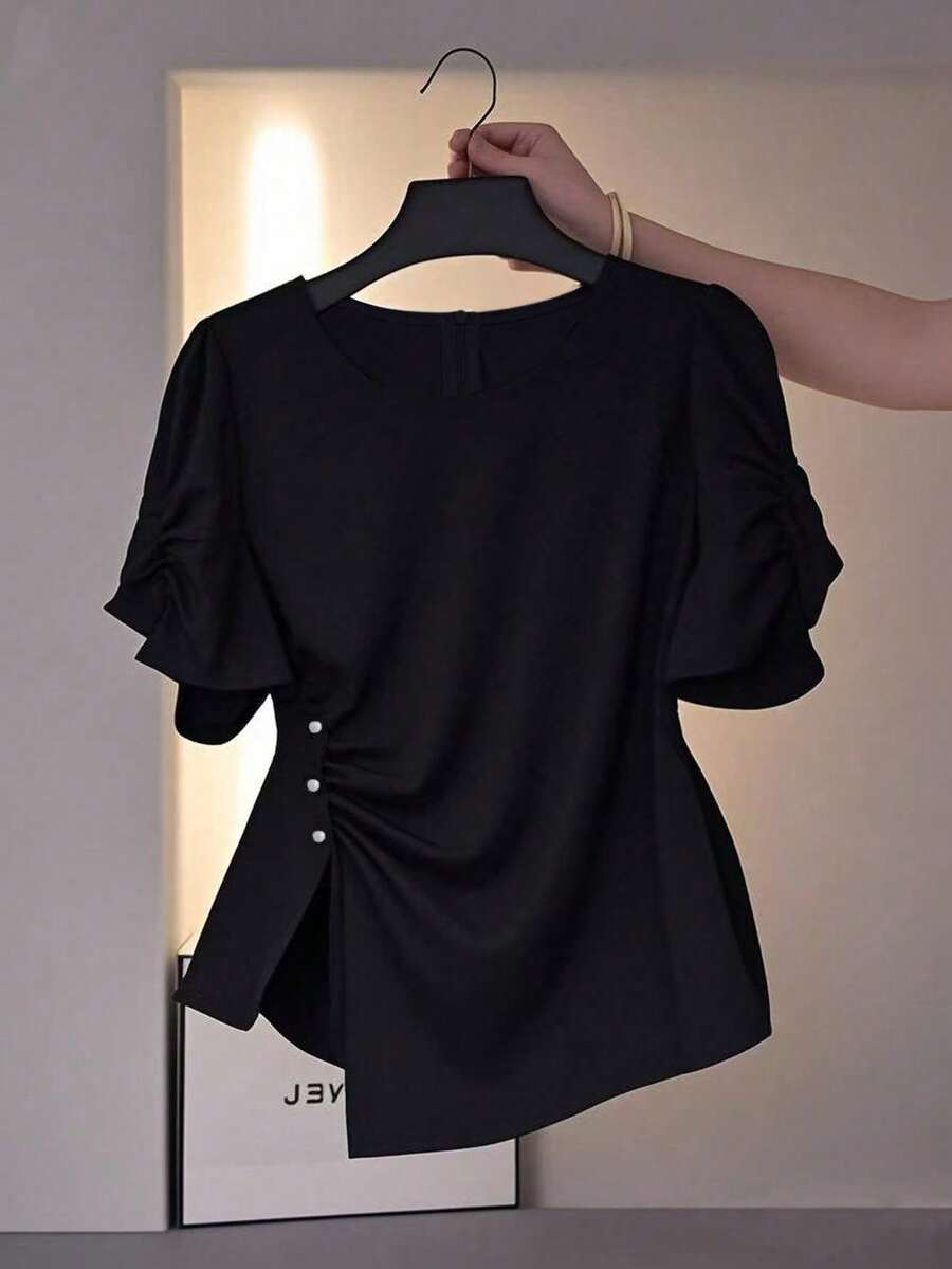 Franclia Women's Elegant Asymmetric Design Round Neck Blouse - Black - View 1