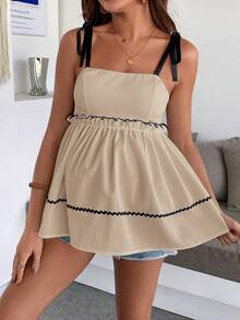 SHEIN 夏季孕妇休闲露背荷叶边吊带背心 - 卡其色 - 查看 5