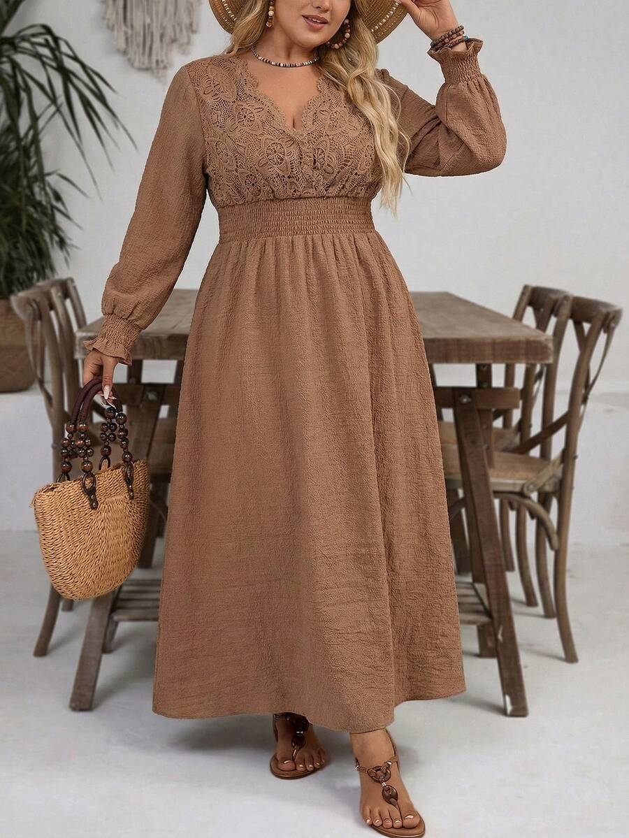 SHEIN VCAY 大码休闲卡其色蕾丝拼接收腰长袖连衣裙，适合秋冬女士 - 卡其色 - 查看 1