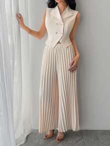 DAZY 女士休闲纯色西装领背心和阔腿裤两件套，夏季 - 杏色 - 查看 7