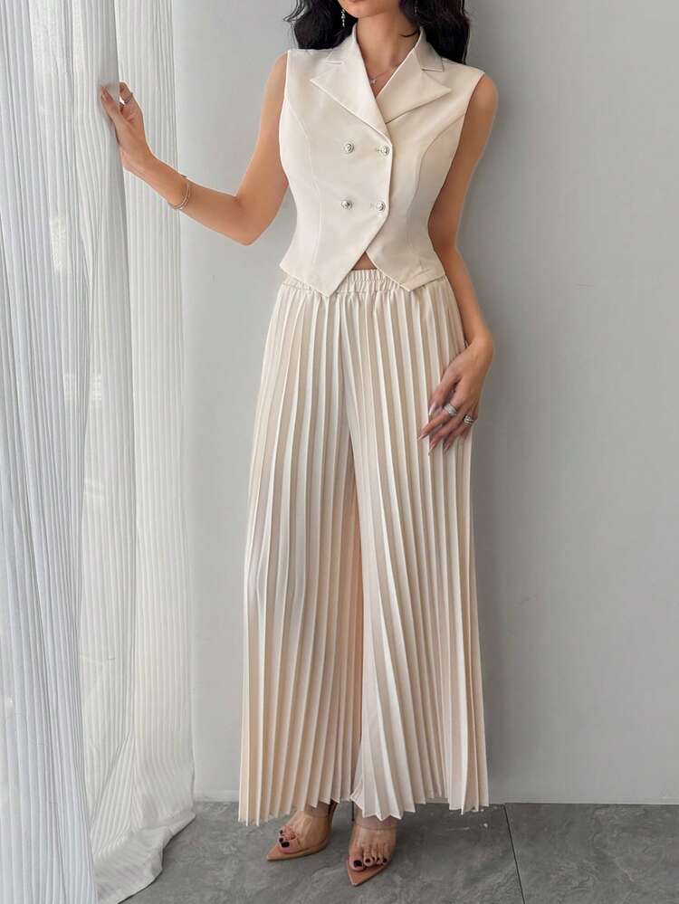 DAZY Women's Casual Plain Suit Collar Vest & Wide Leg Pants 2 Pieces Set, Summer,Women Lounge Sets For Women - Apricot - View 7