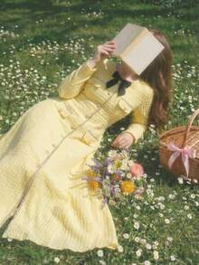 SHEIN MOD 大码女式优雅缎带蝴蝶结装饰长袖连衣裙，春夏款，新年/情人节款 - 黃色 - 查看 7