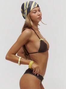 Musera Resort 撞色荷叶边蝴蝶结比基尼上衣和下装套装泳衣夏季游泳海滩度假日常性感可爱旅行Bambola复活节 - 巧克力棕 - 查看 3