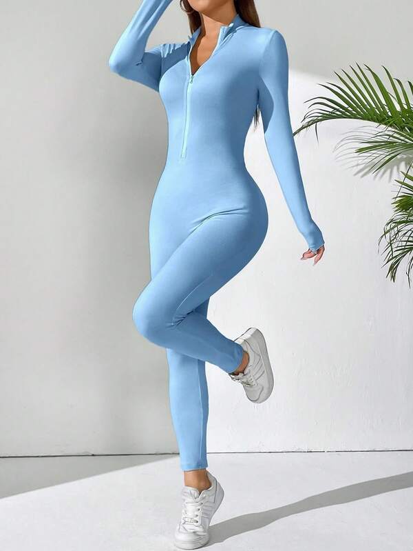 SHEIN PETITE Women's Solid Color Long Sleeve Zip-Up Stand Collar Jumpsuit