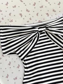 Elamini Women's Elegant Off-Shoulder Striped T-Shirt, Versatile For Daily Wear And Commuting, Fashionable Black And White, Spring/Summer - Multicolor - View 5