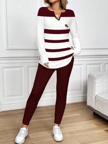 EMERY ROSE 2pcs/Set Women Plus Size Red Striped Long Sleeve T-Shirt And Leggings Set, Autumn/Winter - Multicolor - View 4
