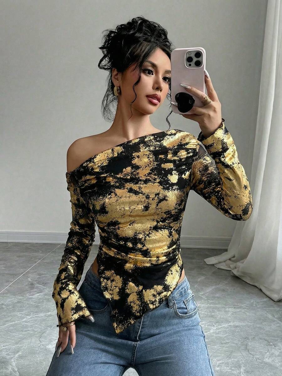 Firerie 女士时尚斜肩长袖修身褶皱吊带背心 - 金色 - 查看 1