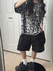 FRIFUL Women's Oversized Round Neck Short Sleeve Loose Leopard Floral Print T-Shirt - White - View 5