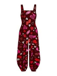 Sweetra 大码女式爱心印花阔腿抽绳连体裤 - 酒紅色 - 查看 1