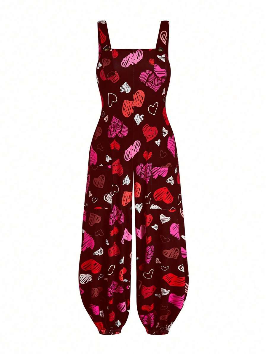 Sweetra 大码女式爱心印花阔腿抽绳连体裤 - 酒紅色 - 查看 1