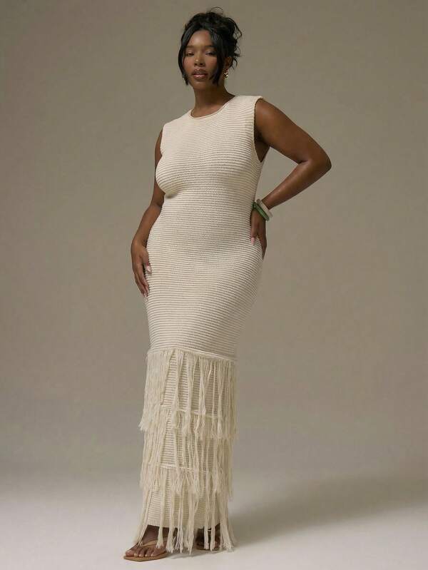 MUSERA Plus Size Sleeveless Ribbed Fringe Detail Maxi Sweater Dress Vacation Holiday Cute Holiday Romantic Cute Summer Sexy Beach Curve   Chic Elegant Spring Spring Summer