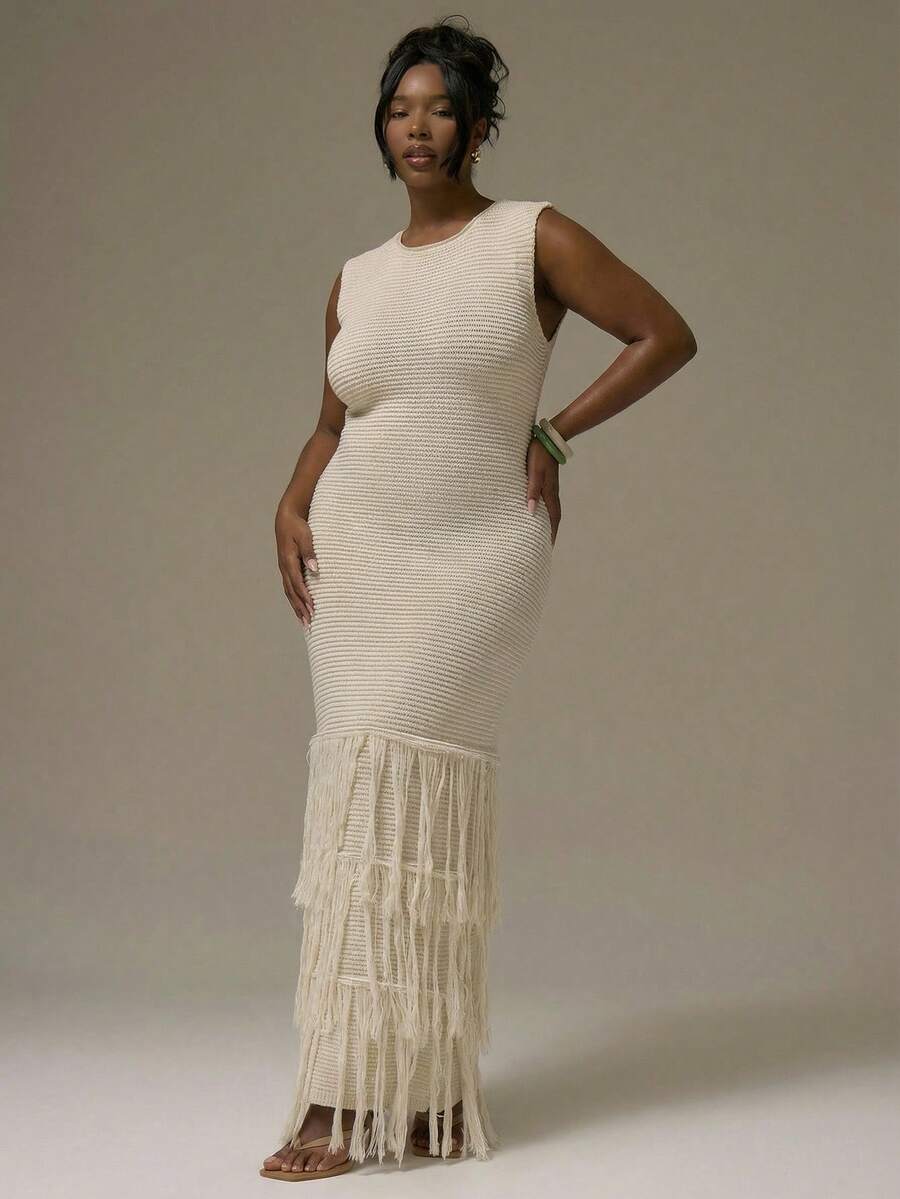 MUSERA Plus Size Sleeveless Ribbed Fringe Detail Maxi Sweater Dress Vacation Holiday Cute Holiday Romantic Cute Summer Sexy Beach Curve   Chic Elegant Spring Spring Summer - Apricot - View 1