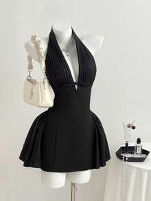 Elamini Vestido de linterna con pliegues, decoración de lazo y escote en V profundo, estilo retro dulce y picante para mujer - Negro - Ver 8