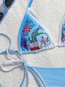 Swim Mod Conjunto de bikini de mujer con bordado floral degradado, con atar en el cuello, cuentas, traje de baño triangular para playa y vacaciones - Multicolor - Ver 1