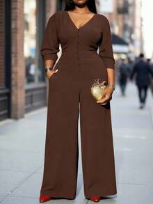 Veslaya Plus Size 2025 Autumn New Music Festival, Easter, St. Patrick's Day, Western, Nomadic, Birthday Party, Graduation Season, College Style, Student Wear, Daily Casual, All-Match Versatile, Leisure, Cruise Travel, Beach, Sunbathing, Viral, Streetwear, Wedding Guest Boho, Commute, Brunch, Airport, V-Neck 3/4 Sleeve Long Jumpsuit In Brown Textured Crinkle Fabric With Crisscross Back Design - Brown - View 3